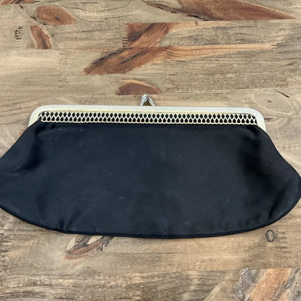 Vintage Black Satin Gold Toned Frame Clutch Handbag Evening Wedding Party Formal